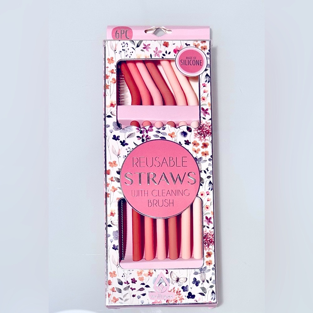 6 Pink Reusable Straws with Cleaning Brush